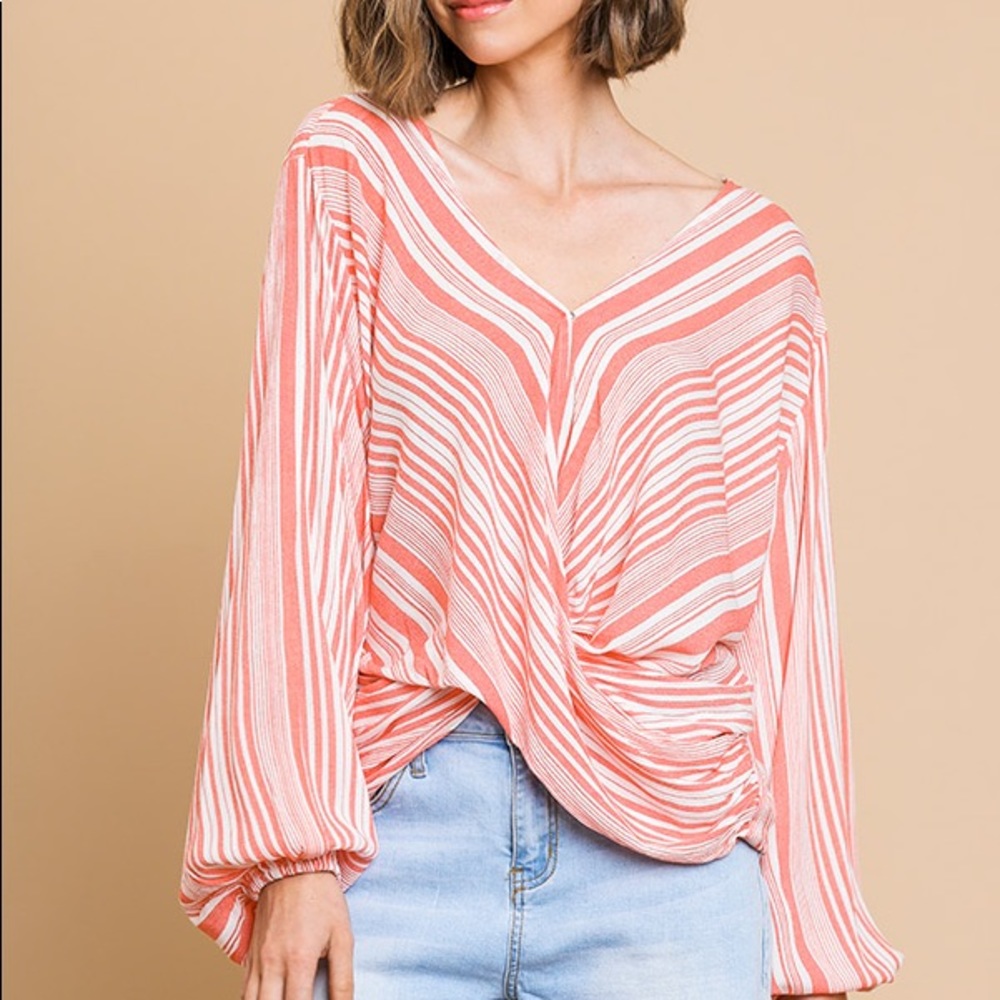 Umgee striped long puff sleeve v-neck top NWT